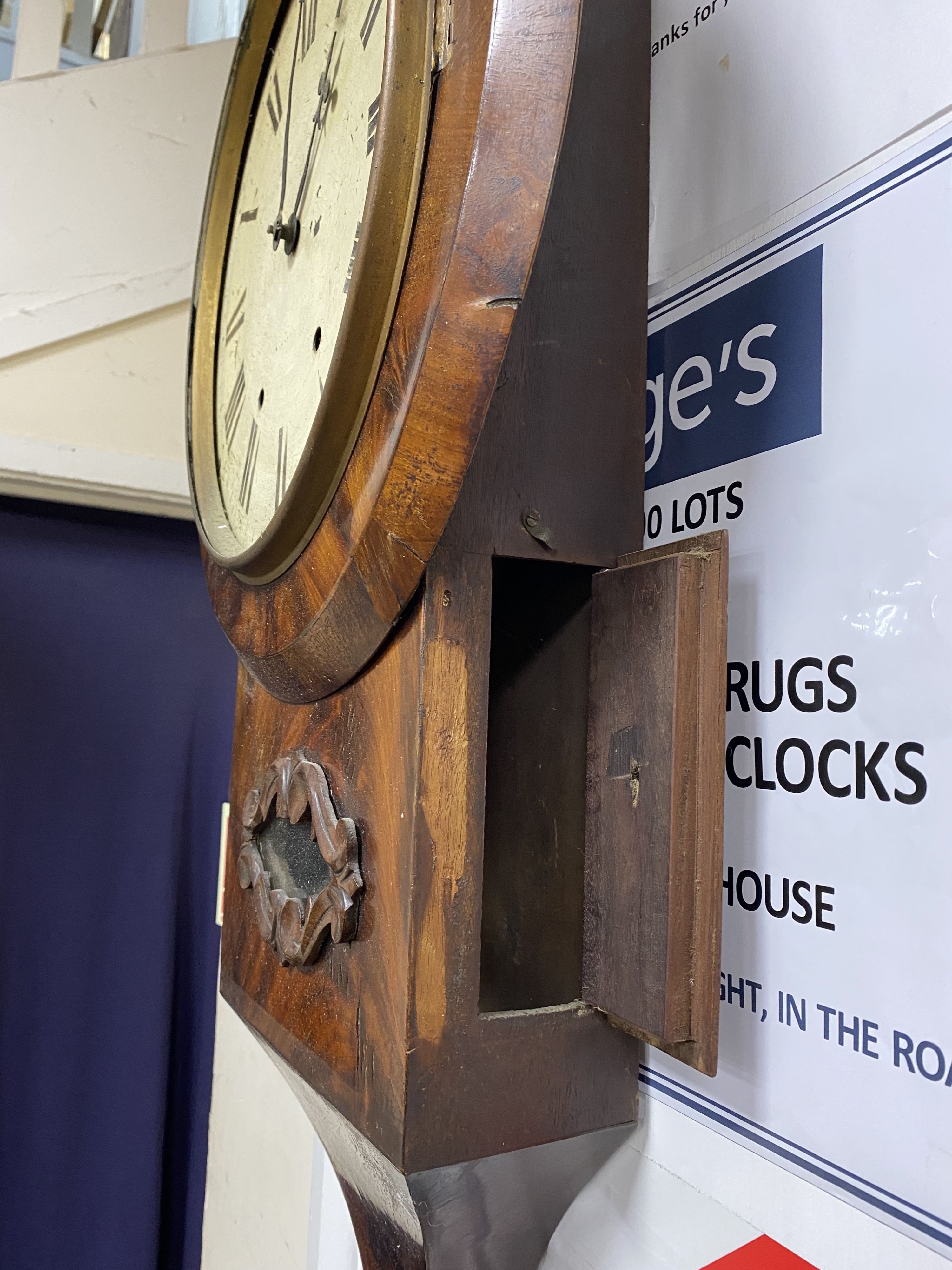 A Regency mahogany eight day drop dial wall clock, height 80cm